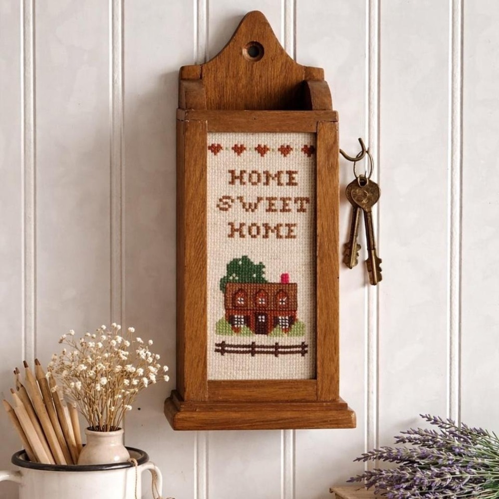 Vintage wooden wall pocket shelf + hook | cross stitch "Home Sweet Home"